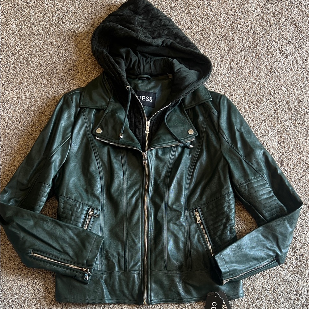 Guess Women's Dark Green Faux Leather Jacket with removable Hood size large / XL